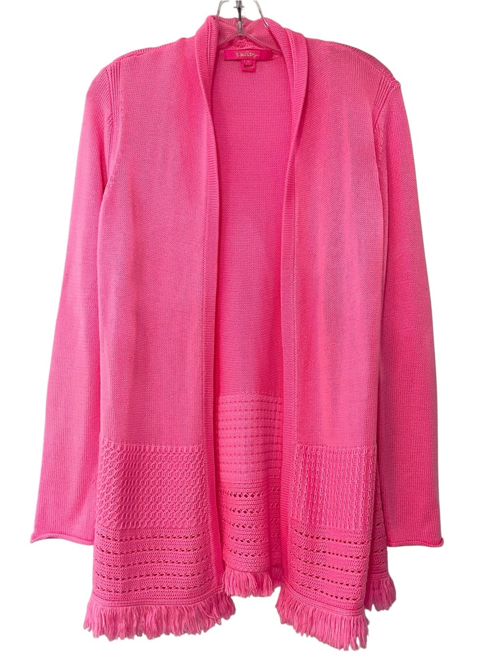 Lilly Pulitzer Noble Fringe Cardigan Bright Pink Open Knit Sweater Size S